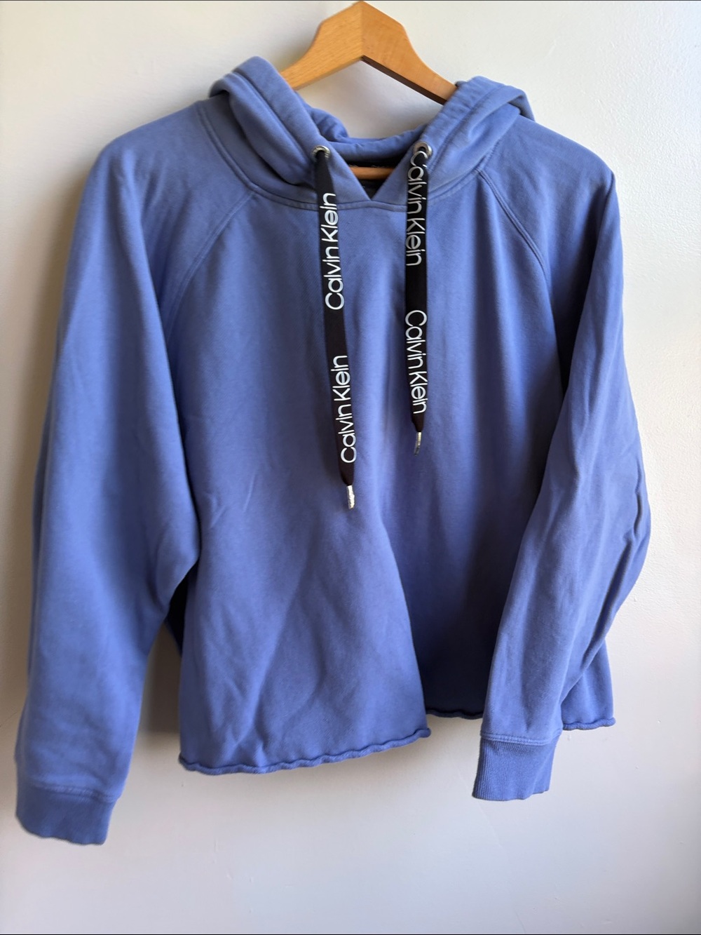 Calvin Klein Lavender-Blue Crewneck Hoodie with Black Logo Drawstrings
